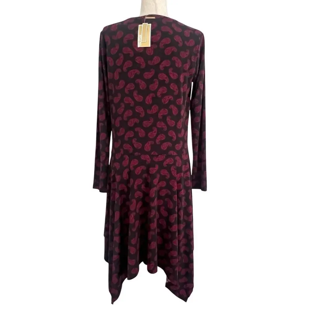 Michael Kors Dropped Waist Dress Women’s Sz M Dark Ruby Paisley Print NWT Boho
